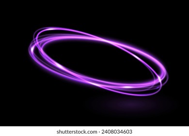 Neon swirl. Curved purple line light effect. Purple portal or energy tunnel. Glowing swirling background. Shining magic portal. Vector abstract