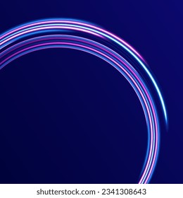 Neon swirl, spiral. Mystical speed stripes, glitter effect. Shine of cosmic rays. Light blue and purple twirl. Neon lines of speed and fast wind. Energy flow tunnel.  Magic circle vector.