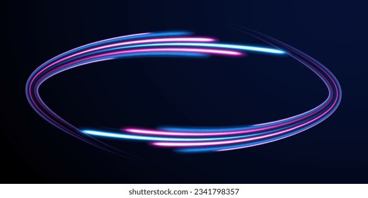 Neon swirl, spiral. Mystical speed stripes, glitter effect. Shine of cosmic rays. Light blue and purple twirl. Neon lines of speed and fast wind. Energy flow tunnel.  Magic circle vector.