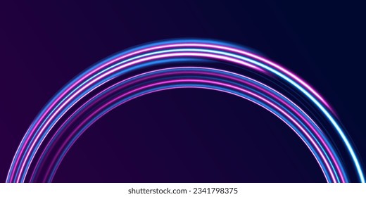 Neon swirl, spiral. Mystical speed stripes, glitter effect. Shine of cosmic rays. Light blue and purple twirl. Neon lines of speed and fast wind. Energy flow tunnel.  Magic circle vector.