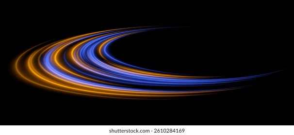 Neon swirl. Yellow and blue arcs merge in layered curve. Glowing energy, modern motion, vibrant digital stream.