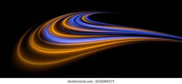 Neon swirl. Yellow and blue arcs merge in layered curve. Glowing energy, modern motion, vibrant digital stream.