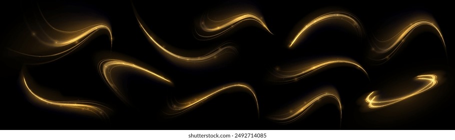 Neon swirl yellow. Curve blue line light effect. Abstract ring background with glowing swirling background. Energy flow tunnel. Blue portal, platform. Magic circle vector. Luminous spiral.
