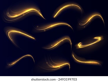 Remolino de neón amarillo. Efecto de luz de línea azul de curva. Fondo Abstractas del anillo con fondo giratorio brillante. Túnel de flujo de energía. Portal azul, plataforma. Vector de círculo mágico. Espiral luminosa.