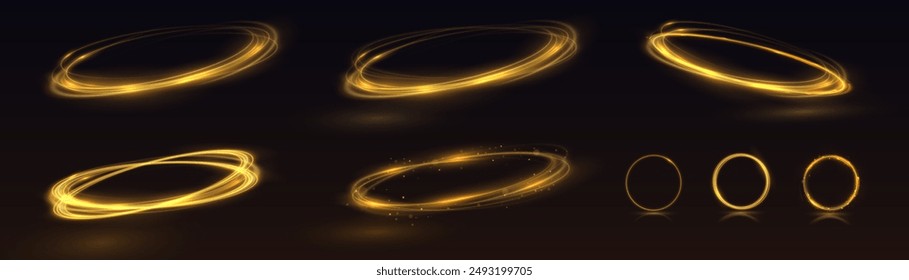 Neon swirl yellow. Curve blue line light effect. Abstract ring background with glowing swirling background. Energy flow tunnel. Blue portal, platform. Magic circle vector. Luminous spiral.