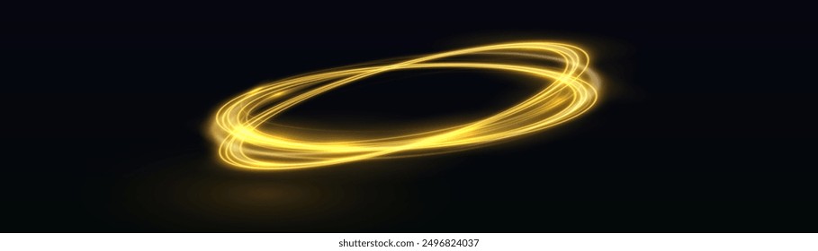 Remolino de neón amarillo. Efecto de luz de línea azul curva. Fondo de anillo Abstractas con fondo de remolino brillante. Túnel de flujo de energía. Portal azul, plataforma. Vector de círculo mágico. Espiral luminosa.