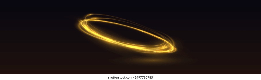 Neon swirl yellow. Curve blue line light effect. Abstract ring background with glowing swirling background. Energy flow tunnel. Blue portal, platform. Magic circle vector. Luminous spiral.