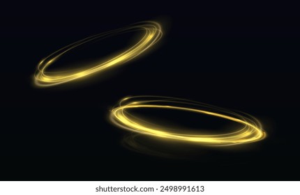 Neon swirl yellow. Curve blue line light effect. Abstract ring background with glowing swirling background. Energy flow tunnel. Blue portal, platform. Magic circle vector. Luminous spiral.