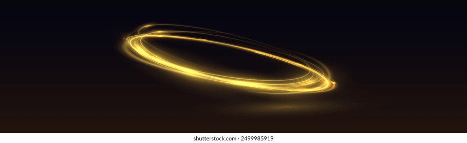 Neon swirl yellow. Curve blue line light effect. Abstract ring background with glowing swirling background. Energy flow tunnel. Blue portal, platform. Magic circle vector. Luminous spiral.