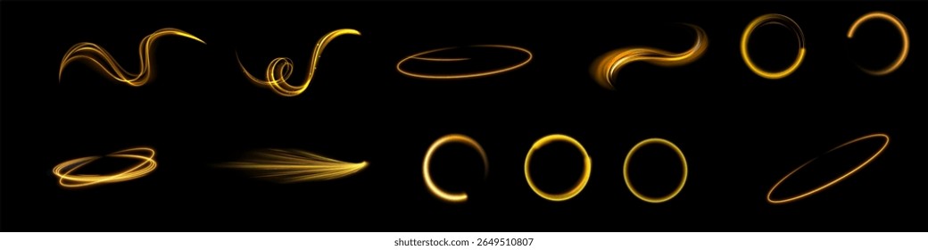 Neon swirl yellow. Curve blue line light effect. Abstract ring background with glowing swirling background. Energy flow tunnel.