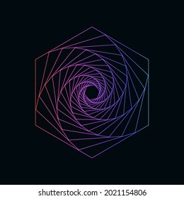 Neon swirling symbol. Illusion effect spiral background. Tunnel abstract. Design with neon, stroke, lines and flow. 3D tunnel grid.