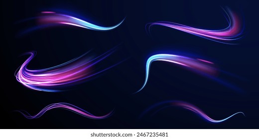 Neon swirls in a big set. Glitter sparkle star trail, light effect, abstract waves flow vector illustration. Sports light lines with neon effect in hay red and pink.