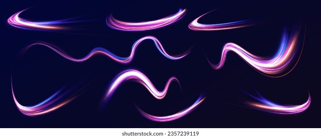 La aguja se mueve en un gran conjunto. Seguimiento de la bengala del fuego de la luz del brillo del vector. Efecto neón futurista. Velocidad del fondo del concepto de luz.	