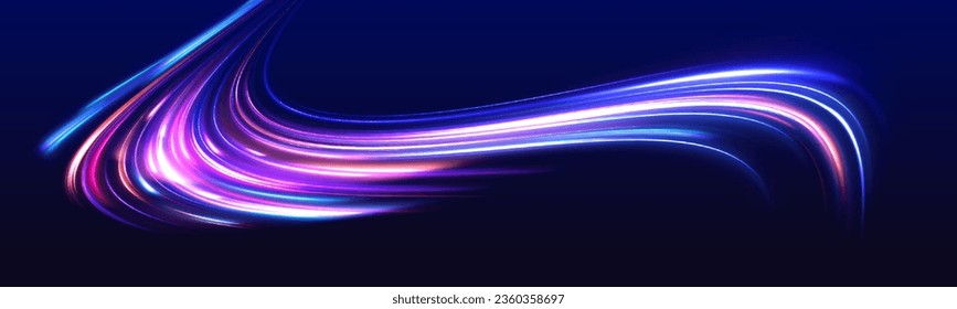 Neon swirls in a big set. Vector glitter light fire flare trace. Futuristic neon light effect. Speed of light concept background.	