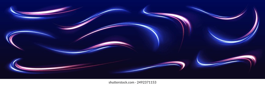 Neon swirls in a big set vector glitter light fire flare trace. Speed of light concept background.Futuristic neon light effect.	