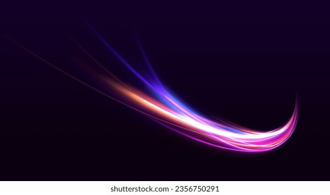 Neon swirls with light effect in the form of a spiral. Laser beams, horizontal light rays. Particle motion effect. Magic of moving fast lines.	