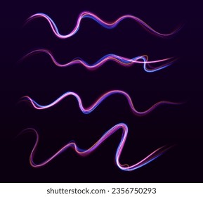 Neon swirls with light effect in the form of a spiral. Laser beams, horizontal light rays. Particle motion effect. Magic of moving fast lines.	