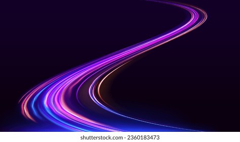 Neon swirls with light effect in the form of a spiral. Laser beams, horizontal light rays. Particle motion effect. Magic of moving fast lines.	