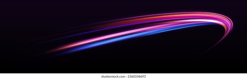 Neon swirls with light effect in the form of a spiral. Laser beams, horizontal light rays. Particle motion effect. Magic of moving fast lines.	