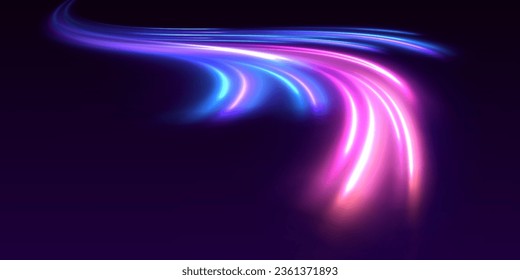 Neon swirls with light effect in the form of a spiral. Laser beams, horizontal light rays. Particle motion effect. Magic of moving fast lines.	