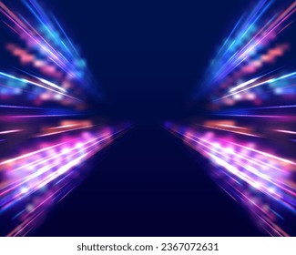 Neon swirls with light effect in the form of a spiral. Laser beams, horizontal light rays. Particle motion effect. Magic of moving fast lines.