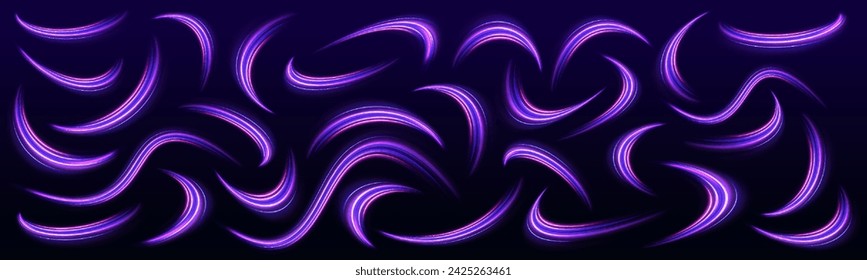 Los remolinos de neón con efecto de luz en forma de espiral. Rayos láser, rayos de luz horizontal. Efecto de movimiento de partículas. Magia de las líneas rápidas en movimiento.	
