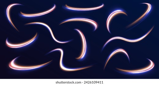 Neon swirls with light effect in the form of a spiral. Laser beams, horizontal light rays. Particle motion effect. Magic of moving fast lines.	