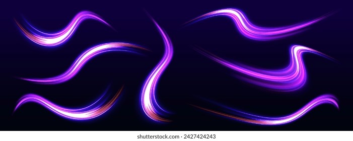 Neon swirls with light effect in the form of a spiral. Laser beams, horizontal light rays. Particle motion effect. Magic of moving fast lines.	