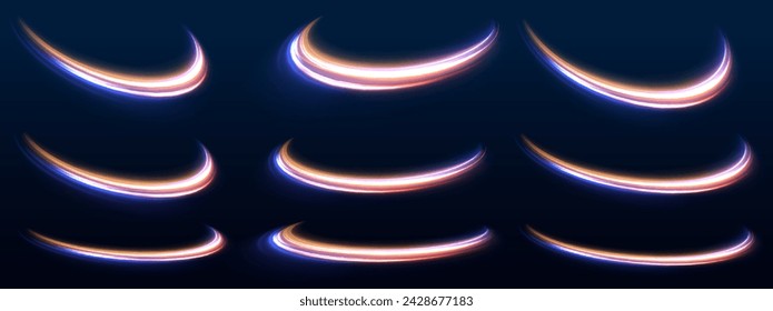 Neon swirls with light effect in the form of a spiral. Laser beams, horizontal light rays. Particle motion effect. Magic of moving fast lines.	