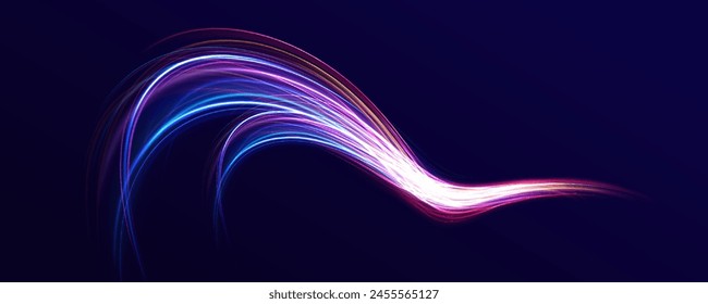 Los remolinos de neón con efecto de luz en forma de espiral. Abstractas círculos de fuego de Vector, remolinos brillantes y marcos de espiral de luz de energía. Chispas brillantes de color de onda espiral.	
