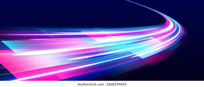 Neon swirls with light effect in the form of a spiral. Laser beams, horizontal light rays. Particle motion effect. Magic of moving fast lines.