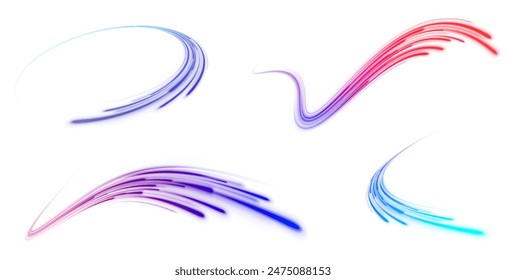 Neon swirls on a white background PNG. Acceleration speed motion on night road. Magic moving fast speed police lines.	