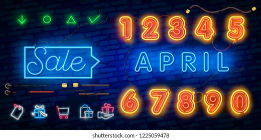 Neon symbol for April : Month Name with colorful elements : Vector Illustration. Glowing neon sign, bright glowing advertising, sales discounts