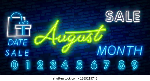 Neon symbol for August : Month Name with colorful elements : Vector Illustration. Glowing neon sign, bright glowing advertising, sales discounts