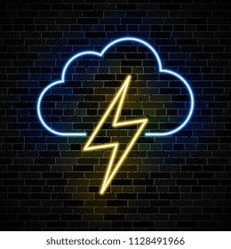 neon symbol of cloud and lightning on dark brick wall background. simple weather icon