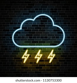 neon symbol of cloud and lightnings on dark brick wall background. simple weather icon