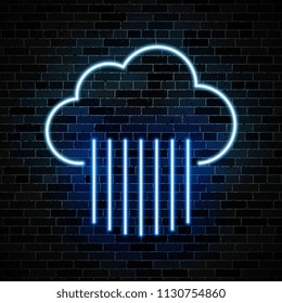 neon symbol of cloud with lines of rain on dark brick wall background. simple weather icon