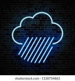 neon symbol of cloud with lines of rain on dark brick wall background. simple weather icon