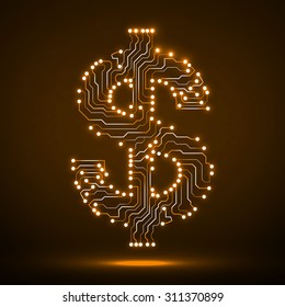 Neon symbol of dollar. Circuit board. Vector illustration. Eps 10