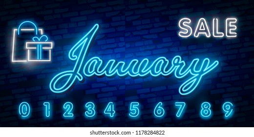 Neon symbol for January : Month Name with colorful elements : Vector Illustration. Glowing neon sign, bright glowing advertising, sales discounts