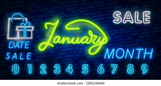 Neon symbol for January : Month Name with colorful elements : Vector Illustration. Glowing neon sign, bright glowing advertising, sales discounts