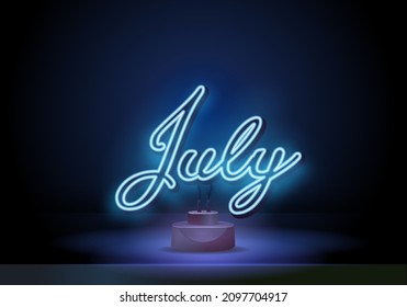 Símbolo de neón para el mes de junio Nombre con el colorido signo de neón brillante.Ilustración vectorial. Julio en un estrado. Leer Neon brillando sobre un fondo oscuro de la pared. Ilustración de caligrafía vectorial.