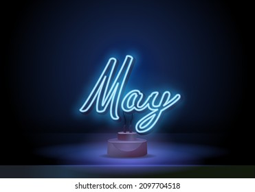 Símbolo neón para el nombre del mes de mayo con signo de neón brillante colorido.Ilustración vectorial. Mayo en un estrado. Leer Neon brillando sobre un fondo oscuro de la pared. Ilustración de caligrafía vectorial.