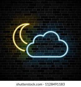 neon symbol of moon and cloud on dark brick wall background. simple weather icon