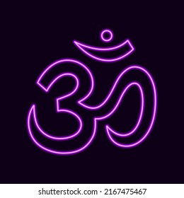 Neon symbol sound om. Main purple sign of sacred mantra pure divine yoga and spirituality religious hinduism with vector buddhism