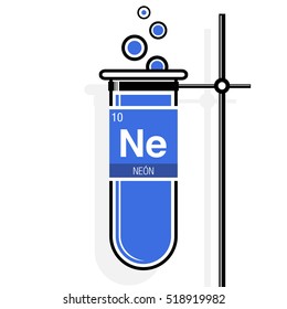 Neon symbol - Neon in Spanish language - on label in a blue test tube with holder. Element number 10 of the Periodic Table of the Elements - Chemistry