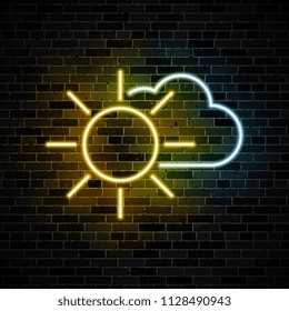 neon symbol of sun and cloud on dark brick wall background. simple weather icon