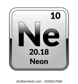 Neon symbol.Chemical element of the periodic table on a glossy white background in a silver frame.Vector illustration.