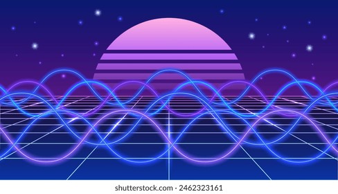 Neon synthwave 80's retro background, music and sound waves with neon light glowing effect, purple and blue disco sunset vector illustration
