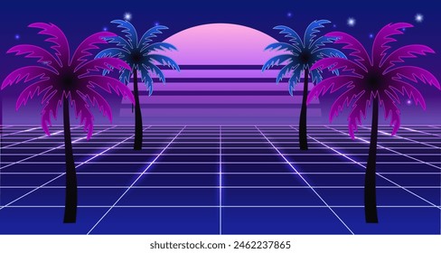 Neon synthwave background, 80's retro, cyberpunk futuristic, sunset, palms, grid lines, with glowing light effect, purple and blur vaporwave vector illustration